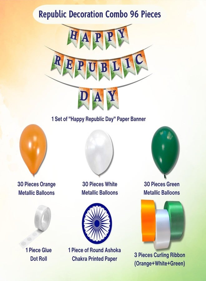 1iAM Republic Day Decoration Combo Including Happy Republic Day Paper Banner with Ashoka Chakra, 90 Premium Metallic Balloons, 3 Large Curling Ribbons, Glue Dots (Orange, White, Green | Pack of 96) - Image 2